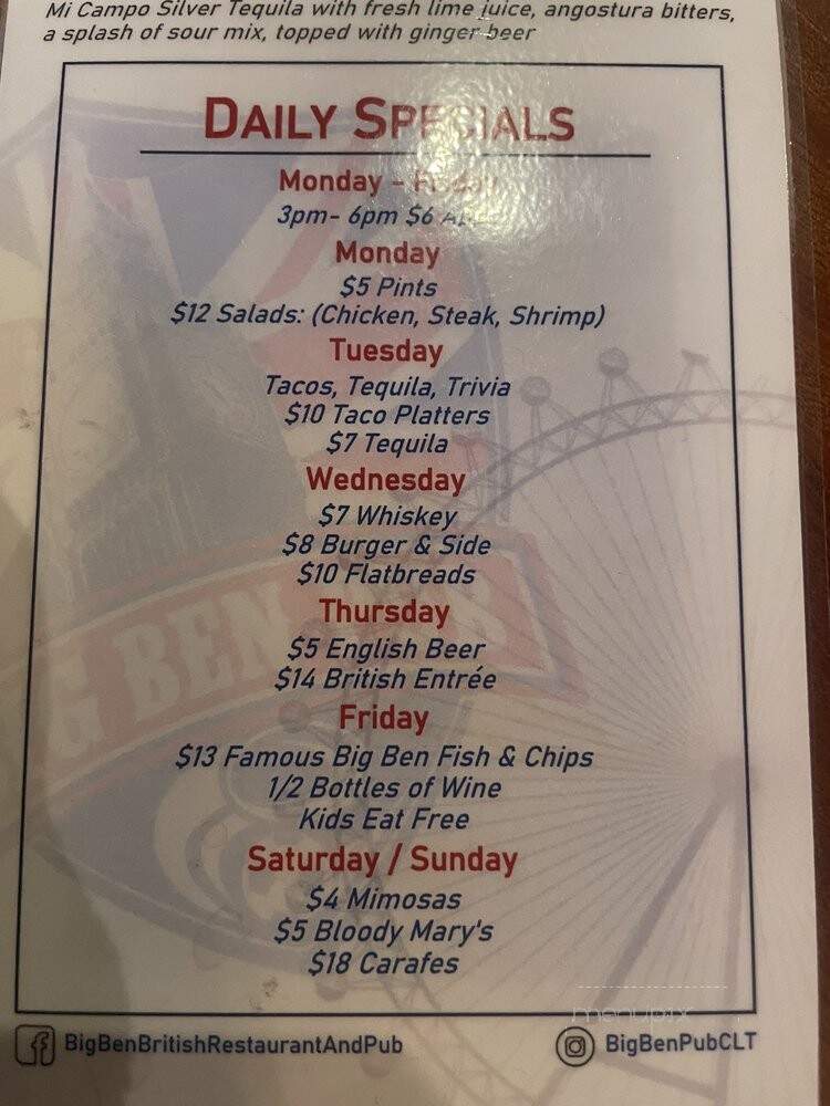Big Ben Pub & Restaurant - Charlotte, NC menu_pic