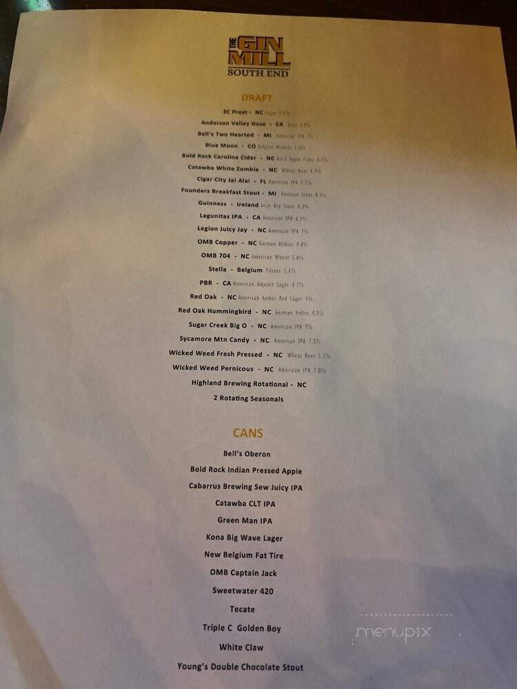 Gin Mill South End - Charlotte, NC menu_pic