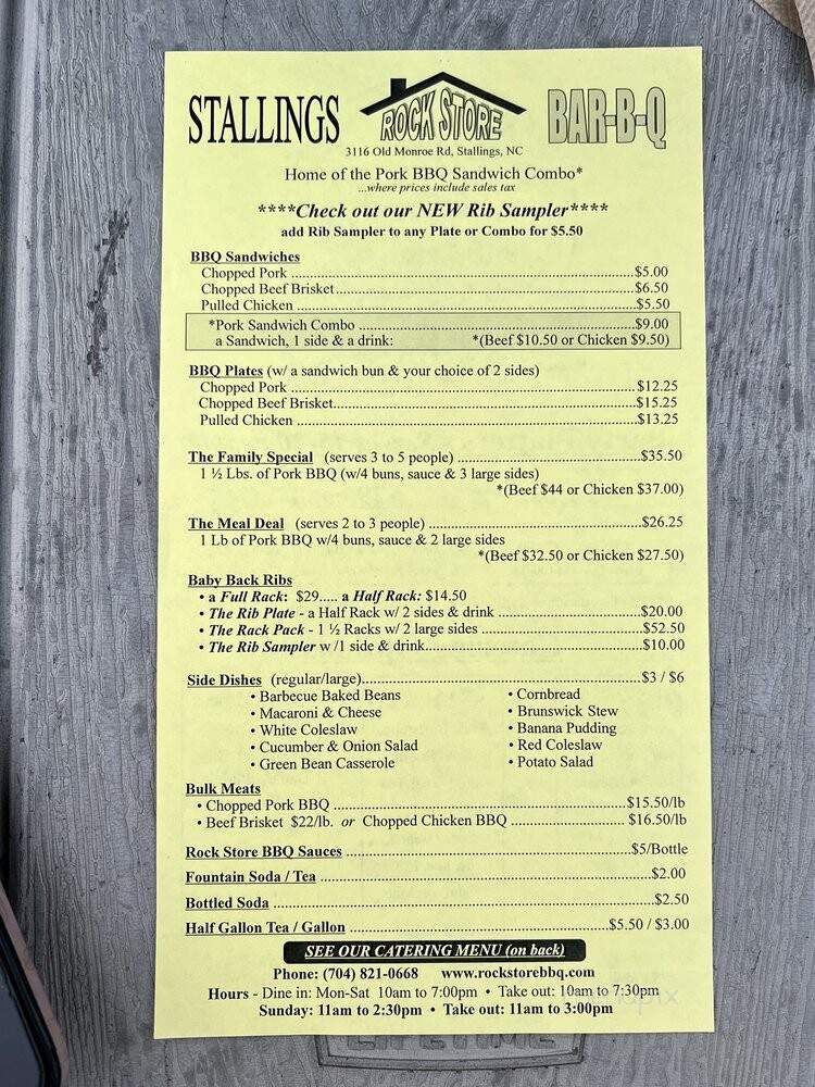 Stallings Rockstore Bar-B-Q - Stallings, NC menu_pic