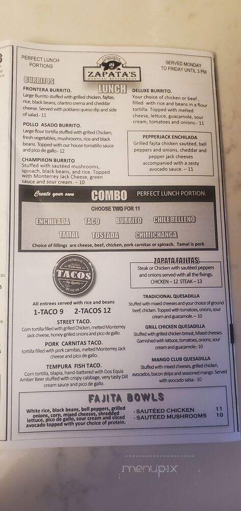 Zapata's Cantina Mexican Restaurant - Charlotte, NC menu_pic