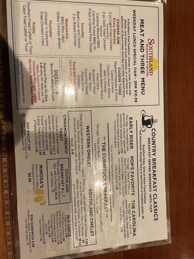 Southland Restaurant - Moyock, NC menu_pic
