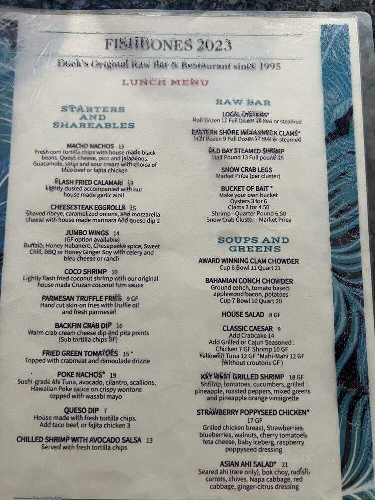 Fishbones Raw Bar & Restaurant - Kitty Hawk, NC menu_pic