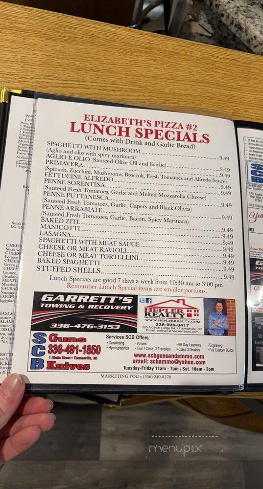 Elizabeth Pizza & Restaurant - Thomasville, NC menu_pic
