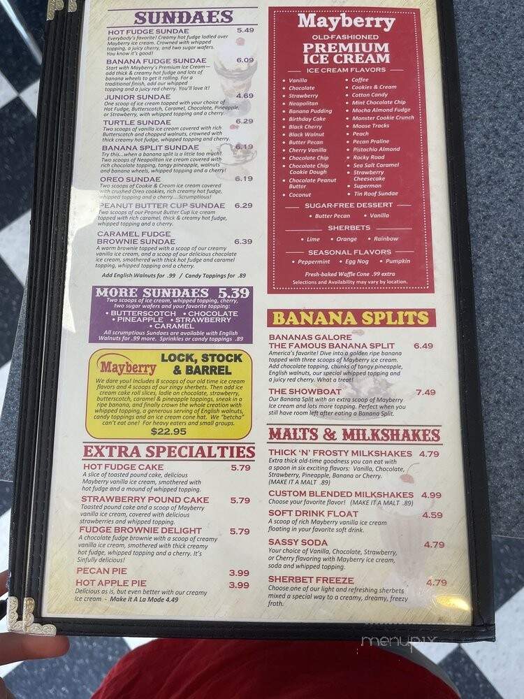 Mayberry Ice Cream Restaurants - High Point, NC menu_pic