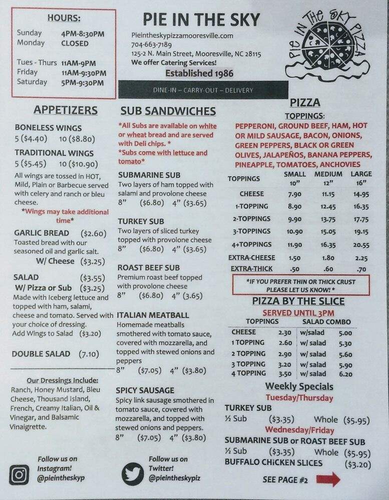 Pie In The Sky Pizza - Mooresville, NC menu_pic