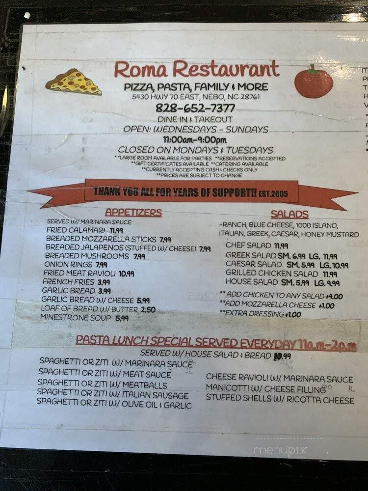 Roma Restaurant Pizza Pasta - Nebo, NC menu_pic