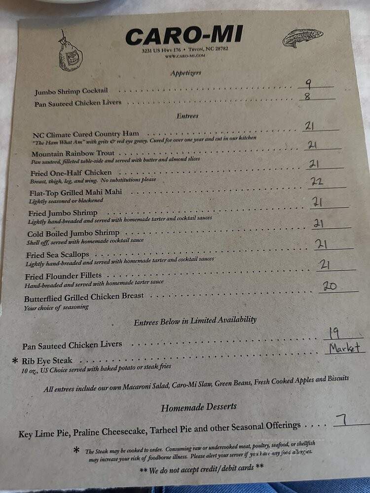 Caro-Mi Dining Room - Tryon, NC menu_pic