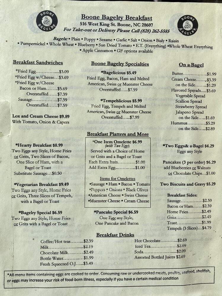 Boone Bagelry - Boone, NC menu_pic