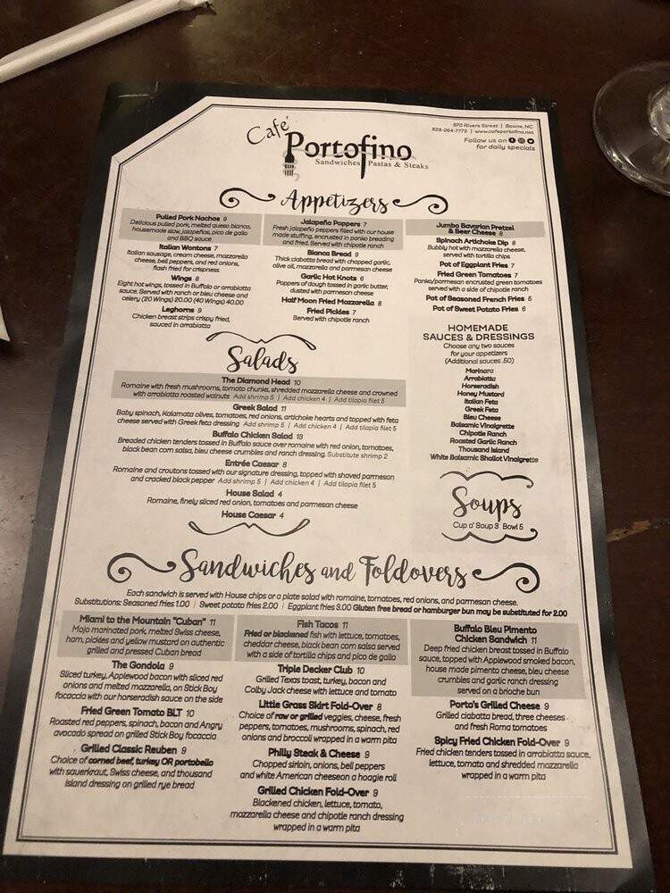 Cafe Portifino & Tap Room - Boone, NC menu_pic