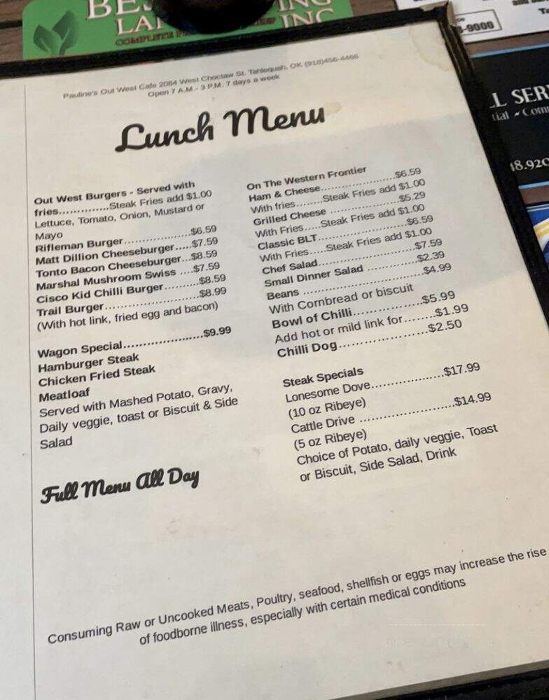 Out West Cafe - Tahlequah, OK menu_pic