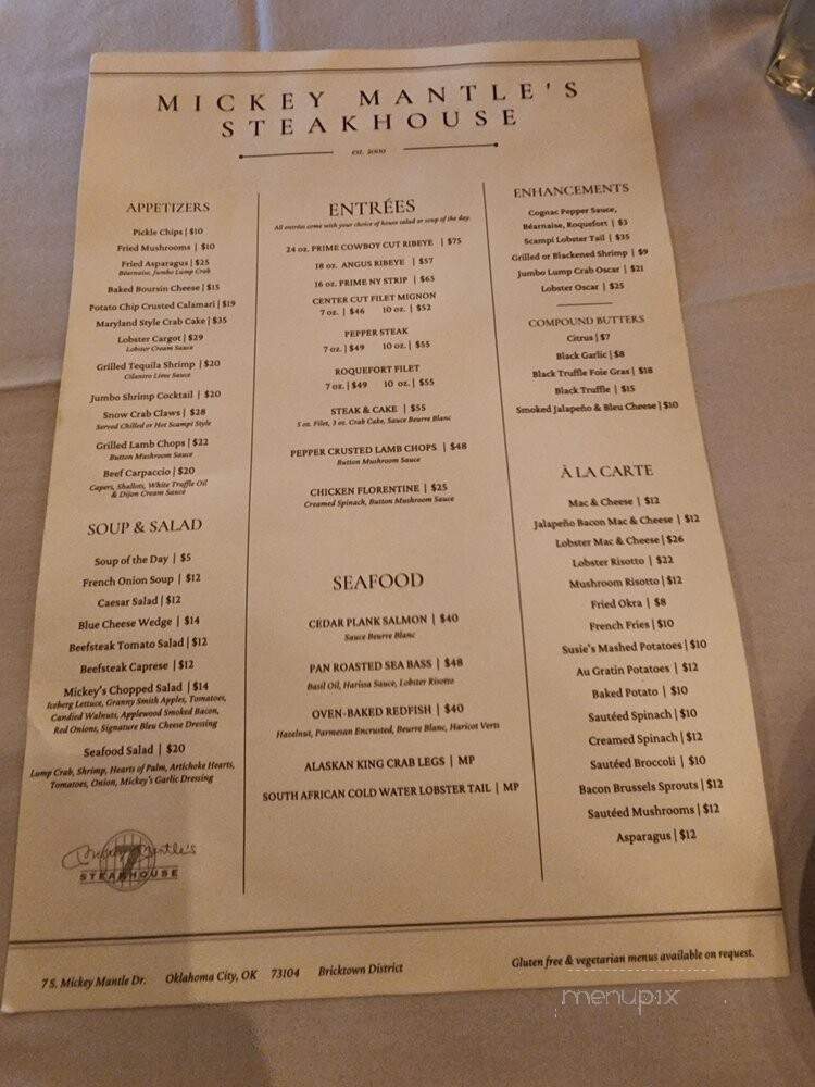 Mickey Mantle's Steakhouse - Oklahoma City, OK menu_pic