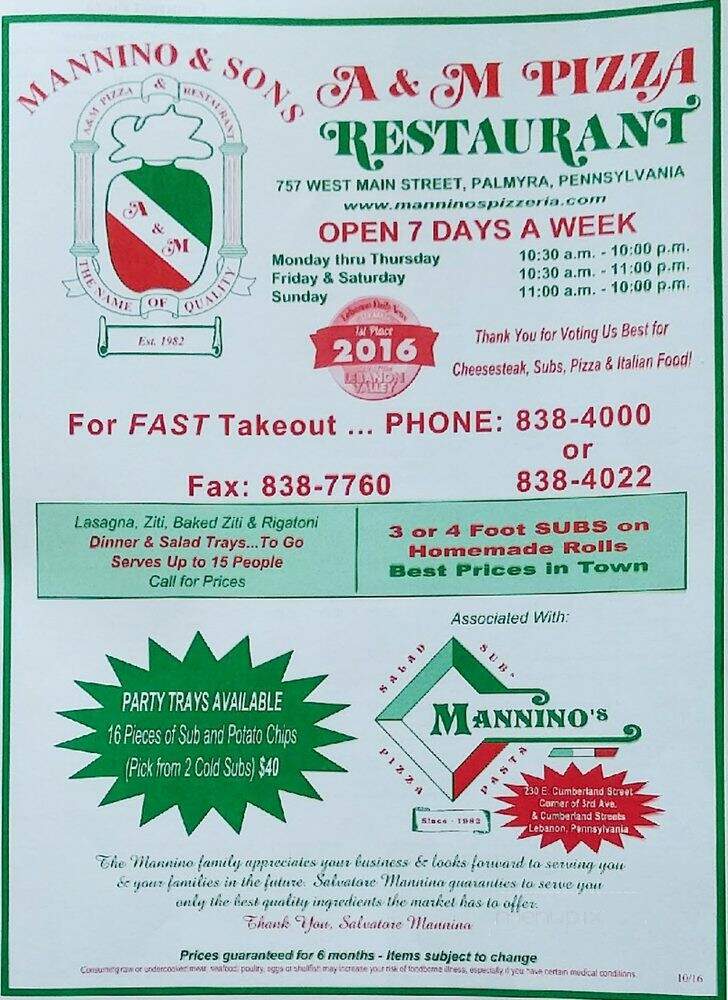 A & M Pizza Restaurant - Palmyra, PA menu_pic