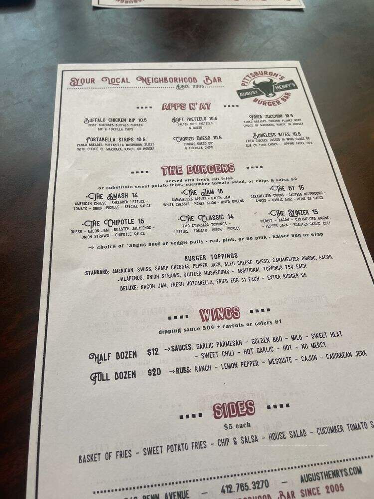 August Henry's - Pittsburgh, PA menu_pic
