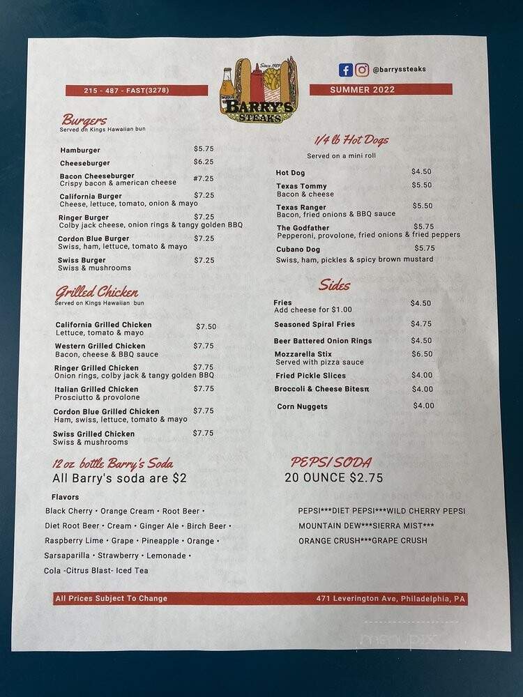 Barry's Steaks - Philadelphia, PA menu_pic