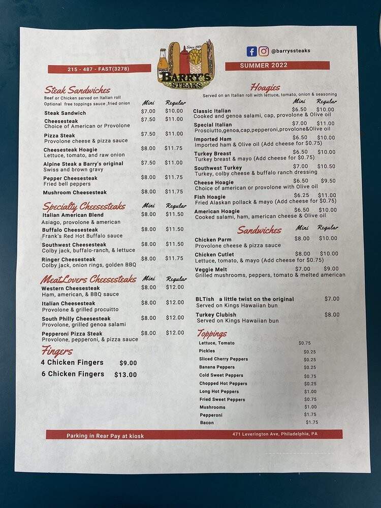 Barry's Steaks - Philadelphia, PA menu_pic