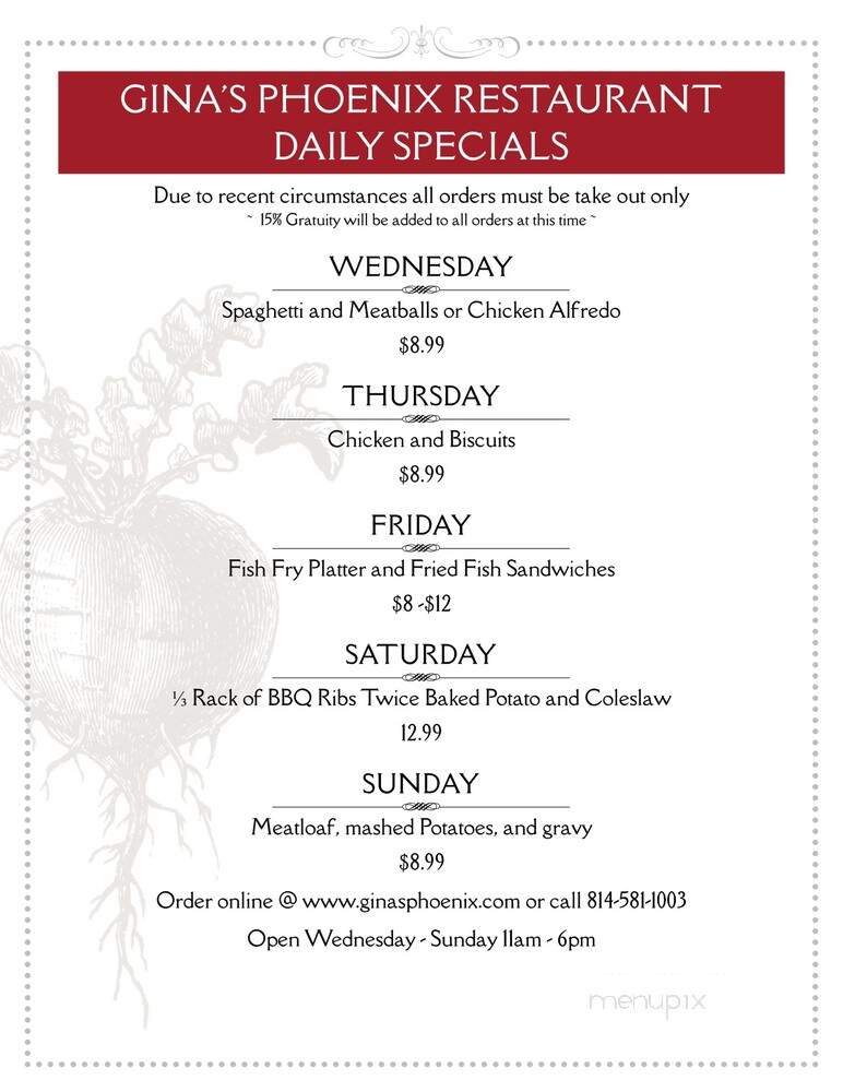 Gina's Restaurant - Centerville, PA menu_pic