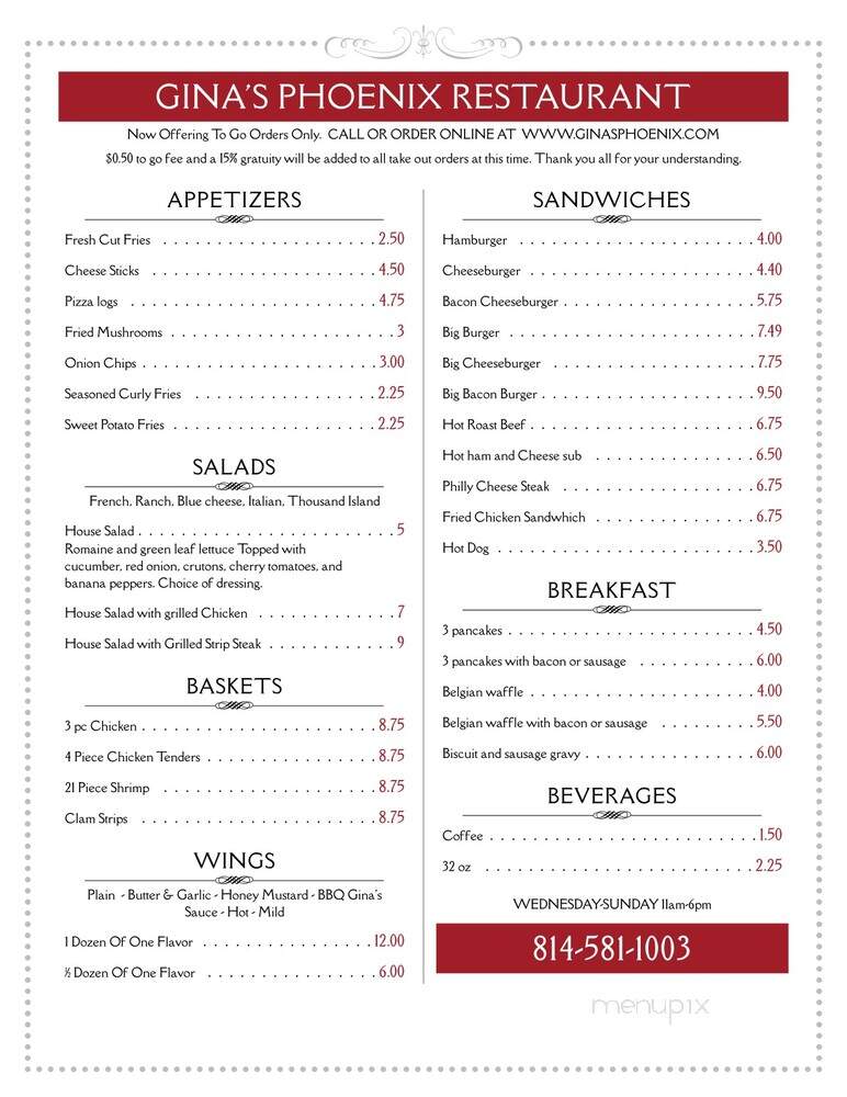 Gina's Restaurant - Centerville, PA menu_pic