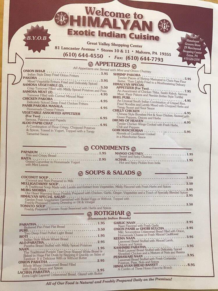 Himalayan Exotic Indian Csne - Malvern, PA menu_pic