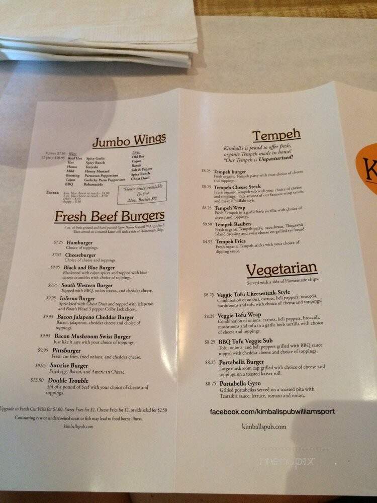 Kimball's - Williamsport, PA menu_pic