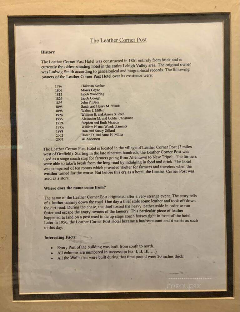Leather Corner Post Hotel - Orefield, PA menu_pic