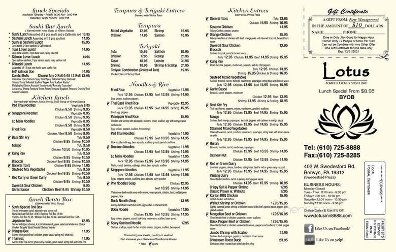 Lotus Inn Restaurant - Berwyn, PA menu_pic
