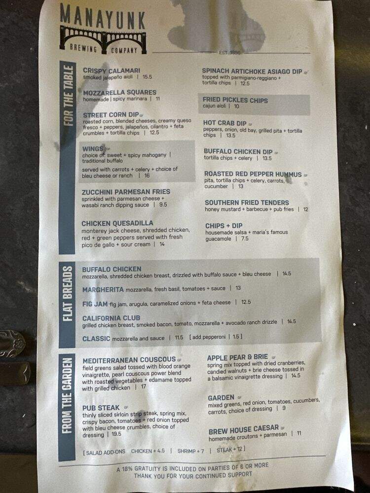 Manayunk Brewing Co - Philadelphia, PA menu_pic