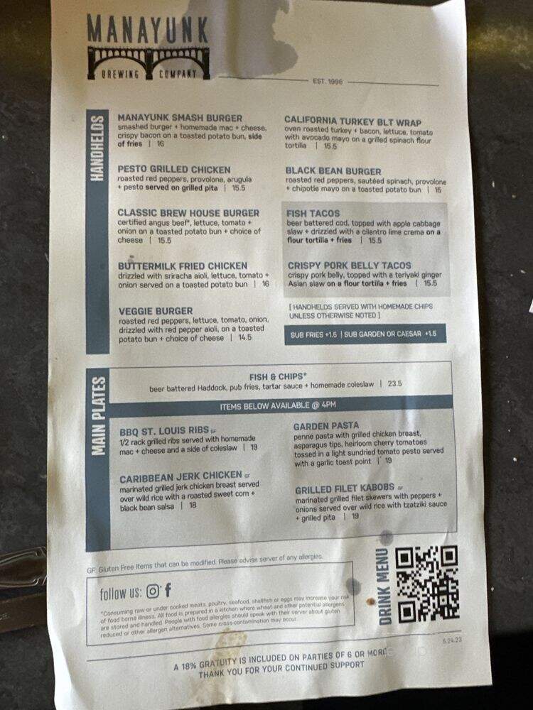 Manayunk Brewing Co - Philadelphia, PA menu_pic