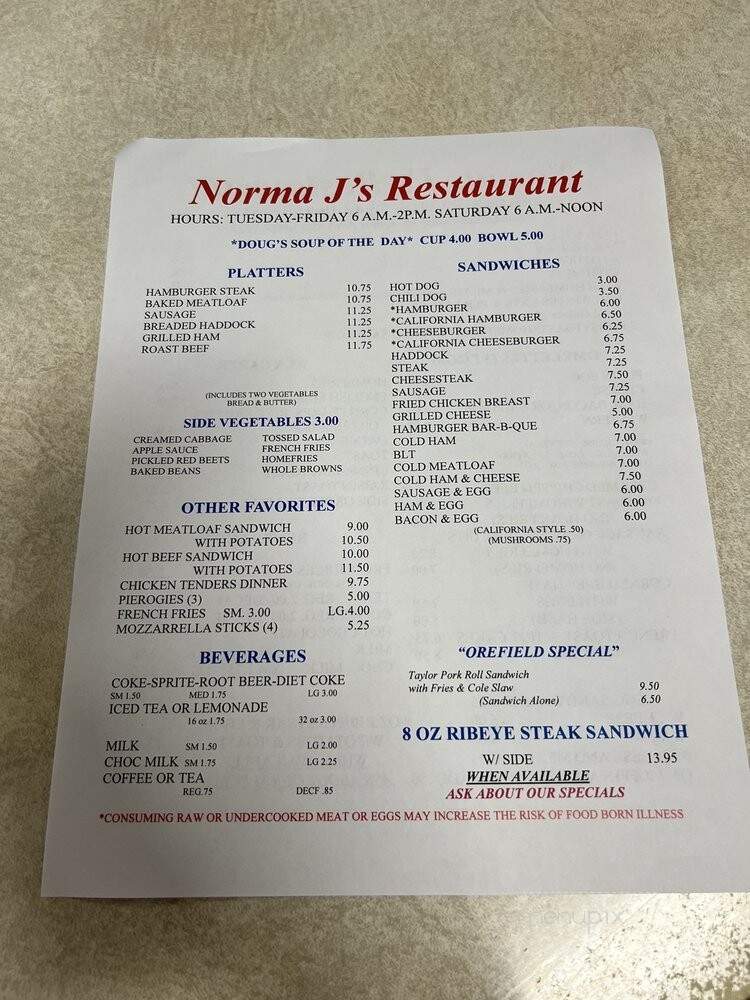 Norma J's Restaurant - Orefield, PA menu_pic