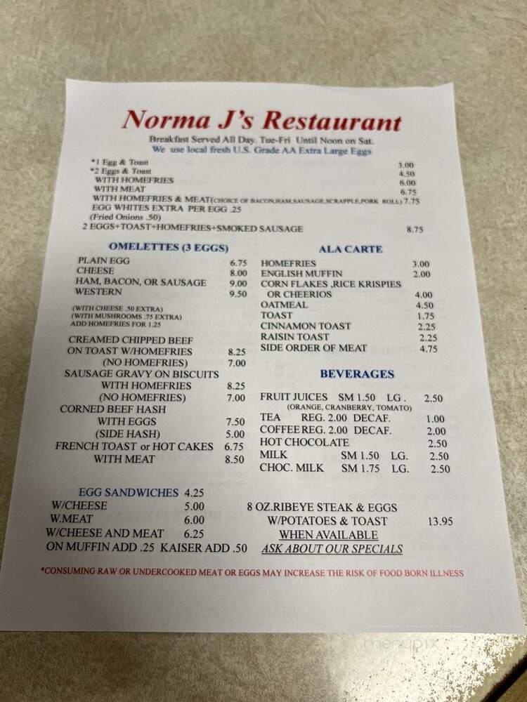 Norma J's Restaurant - Orefield, PA menu_pic