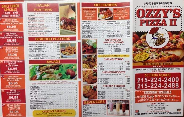 Ozzy's Pizza Shop II - Philadelphia, PA menu_pic