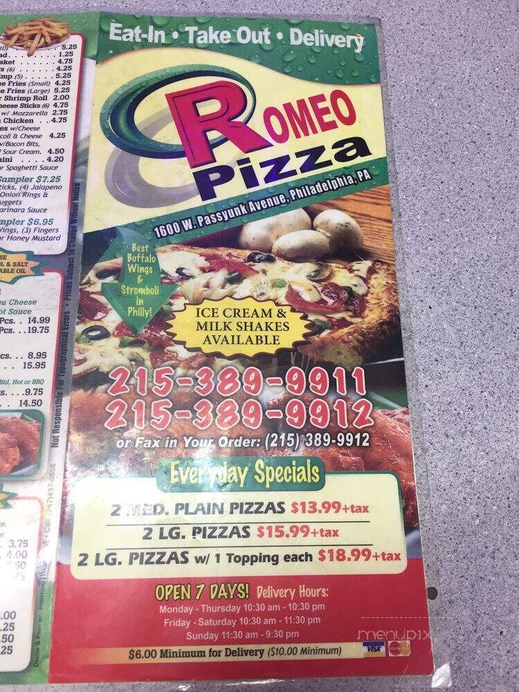 Romeo Pizza - Philadelphia, PA menu_pic