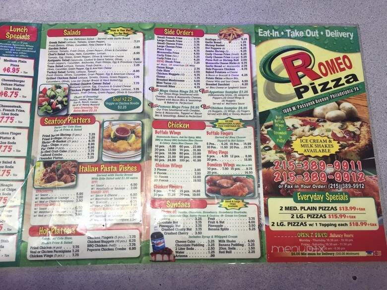 Romeo Pizza - Philadelphia, PA menu_pic
