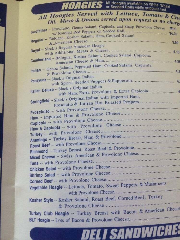 Slack's Hoagie Shack - Springfield, PA menu_pic