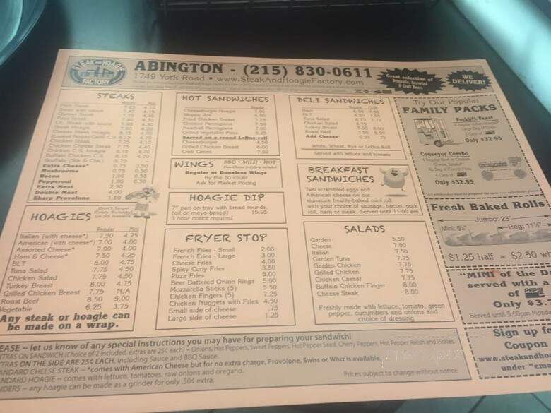Steak & Hoagie Factory - Abington, PA menu_pic