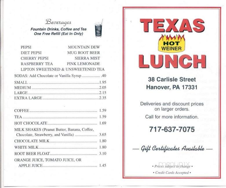 Texas Hot Wiener Lunch - Hanover, PA menu_pic