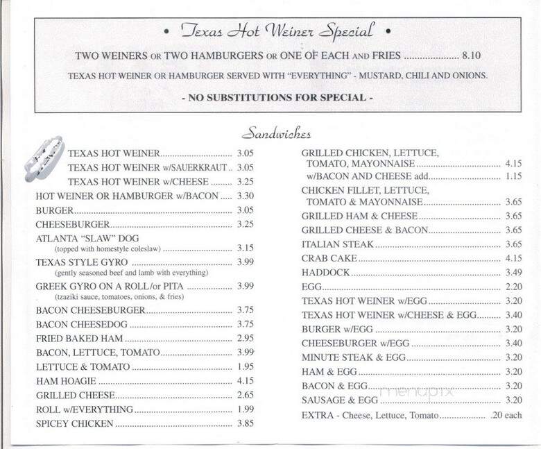 Texas Hot Wiener Lunch - Hanover, PA menu_pic