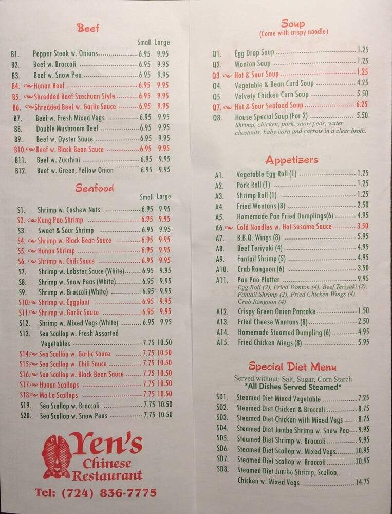 Yen's Chinese Restaurant - Greensburg, PA menu_pic