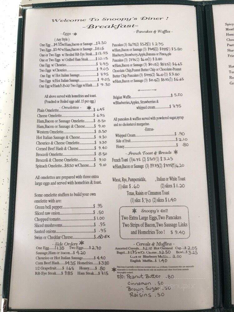 Snoopy's Diner - North Kingstown, RI menu_pic
