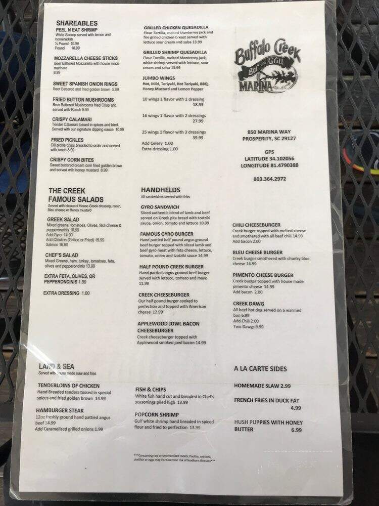 Buffalo Creek Grill - Prosperity, SC menu_pic