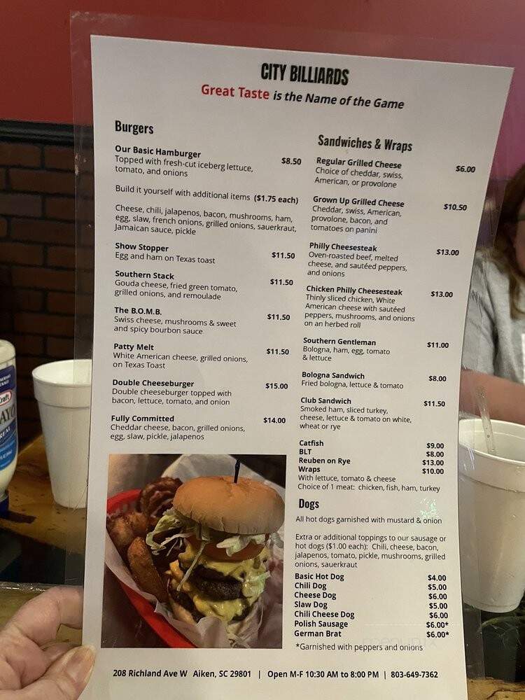 City Billiards - Aiken, SC menu_pic