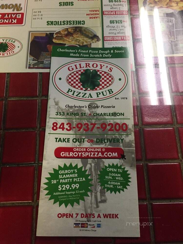 Gilroy's Pizza Pub - Charleston, SC menu_pic