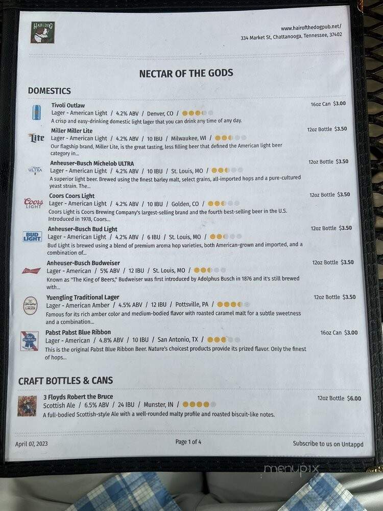 Hair Of The Dog Pub - Chattanooga, TN menu_pic