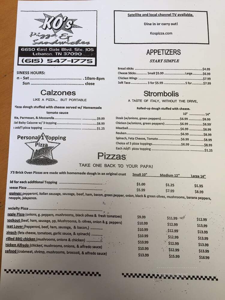 Ko's Pizza & Cafe - Lebanon, TN menu_pic