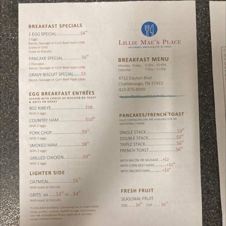 Lillie Mae's Place - Chattanooga, TN menu_pic