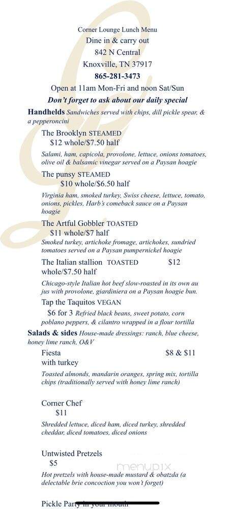 Corner Lounge - Knoxville, TN menu_pic