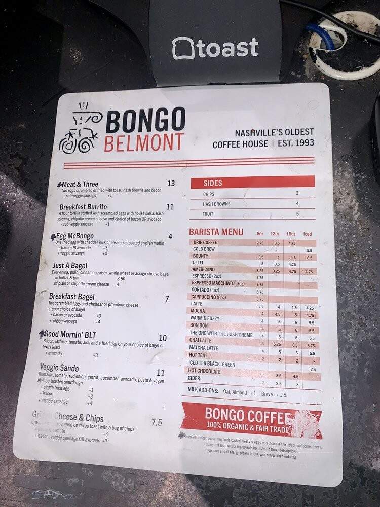 Bongo Java - Nashville, TN menu_pic