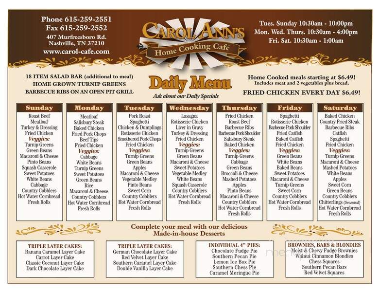 Carol Ann Cafe - Nashville, TN menu_pic