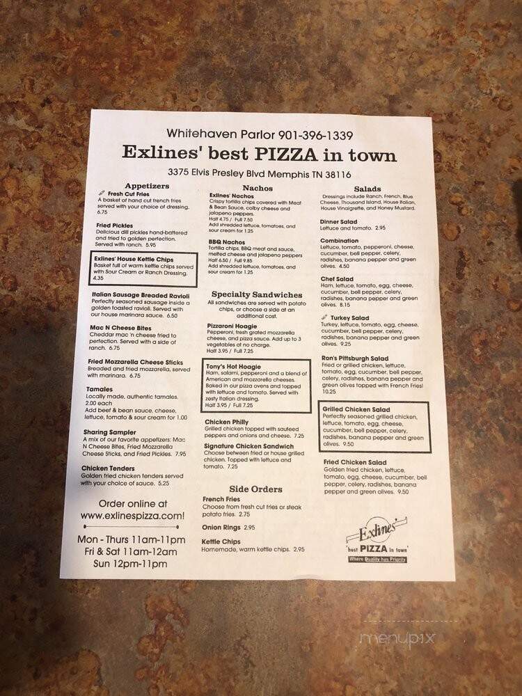 Exlines' Best Pizza In Town - Memphis, TN menu_pic