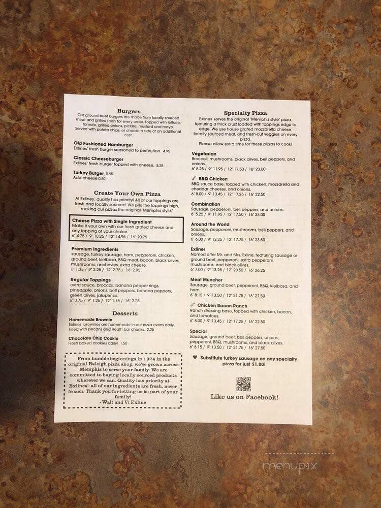 Exlines' Best Pizza In Town - Memphis, TN menu_pic
