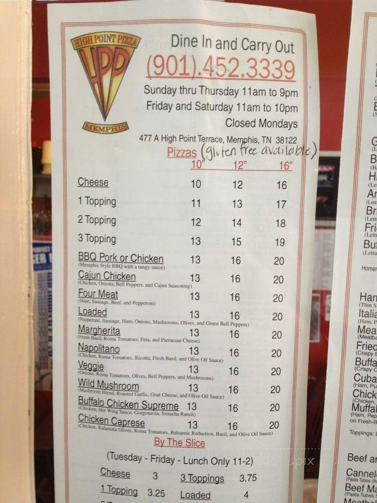 High Point Pizza - Memphis, TN menu_pic